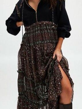 Free People Black and Brown Tiered Maxi Dress with Subtle Metallic Threading